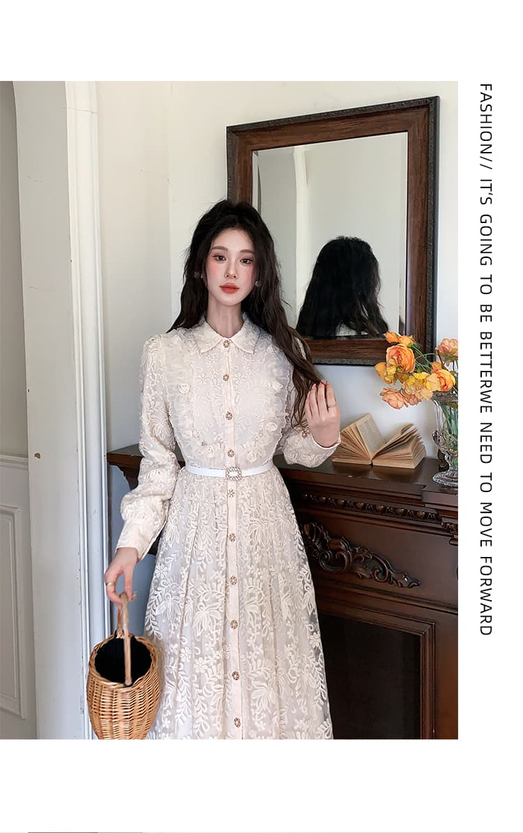 열세 개 품질 고급 프랑스식 무거운 작업 허리 수축 폴로 칼라 싱글 줄 버튼 레이스 드레스 벨트 보내기 상세 이미지 9