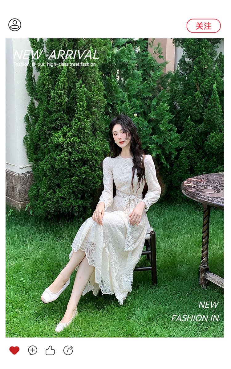 열세 개 품질 가을 의상 새로운 라운드 넥 긴팔 물 용해 꽃 허리 수축 슬림해 보이는 레이스 드레스 롱 스커트 상세 이미지 2