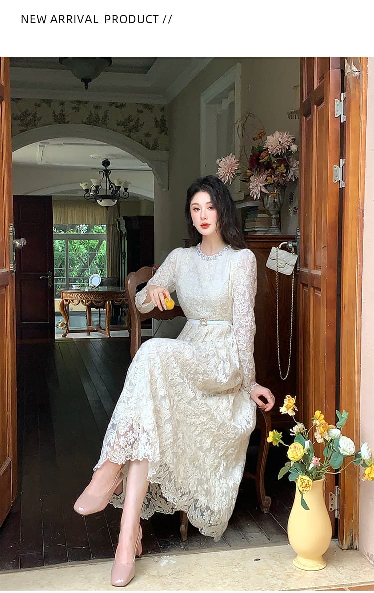 열세 개 품질 우아함 품격 홀로우 아웃 자수 라운드 넥 비즈 박기 긴팔 허리 수축 레이스 드레스 상세 이미지 8