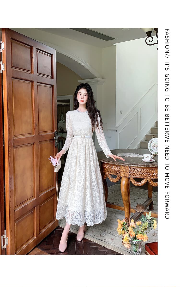 열세 개 품질 우아함 품격 홀로우 아웃 자수 라운드 넥 비즈 박기 긴팔 허리 수축 레이스 드레스 상세 이미지 9