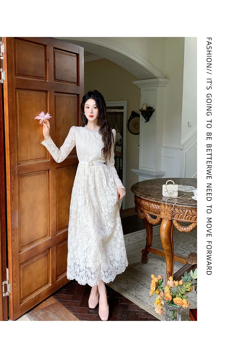 열세 개 품질 우아함 품격 홀로우 아웃 자수 라운드 넥 비즈 박기 긴팔 허리 수축 레이스 드레스 상세 이미지 15