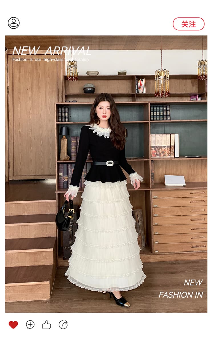 열세 개 품질 고급 센스 착용 가져 가라. 세트 3 차원 꽃 검정색 맨위 망사 반신 스커트 투피스 세트 상세 이미지 2