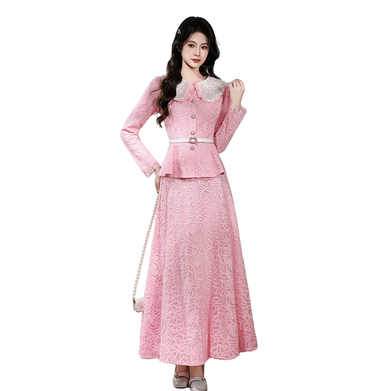 열세 개 품질 새로운 패션 무거운 작업 비즈 박기 허리 수축 슬림해 보이는 긴팔 투피스 세트 레이스 드레스 이미지 6