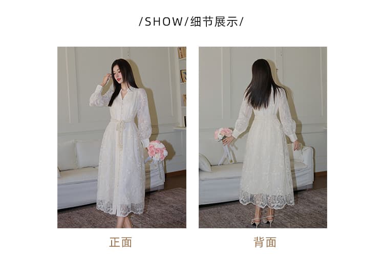 열세 개 품질 무거운 작업 자수 V넥 벌룬 소매 드레스 허리 수축 슬림해 보이는 대 스윙 길이 치마 상세 이미지 5