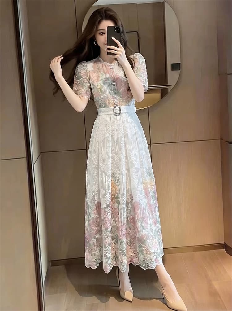 프랑스식 고급 센스 우아함 품격 허리 수축 레이스 드레스 부유 한 가족 천 금빛 바람 짧은 소매 길이 치마 이미지 2
