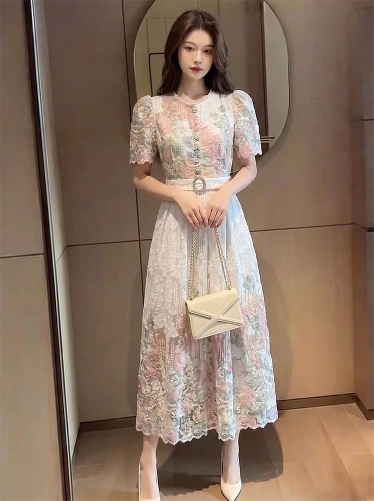 프랑스식 고급 센스 우아함 품격 허리 수축 레이스 드레스 부유 한 가족 천 금빛 바람 짧은 소매 길이 치마 상세 이미지 6