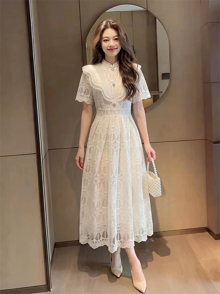 천 금빛 바람 레이스 자수 여성 드레스 중요 경우 우아함 품격 허리 수축 예복 롱 스커트 587911