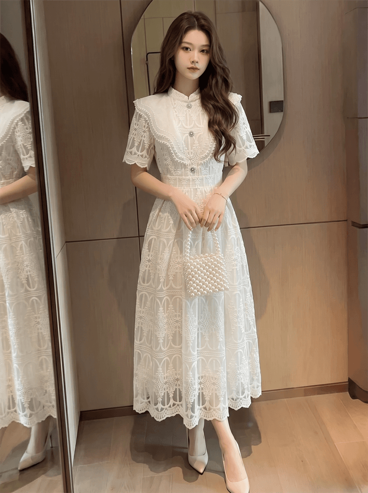 천 금빛 바람 레이스 자수 여성 드레스 중요 경우 우아함 품격 허리 수축 예복 롱 스커트 587911 이미지 3