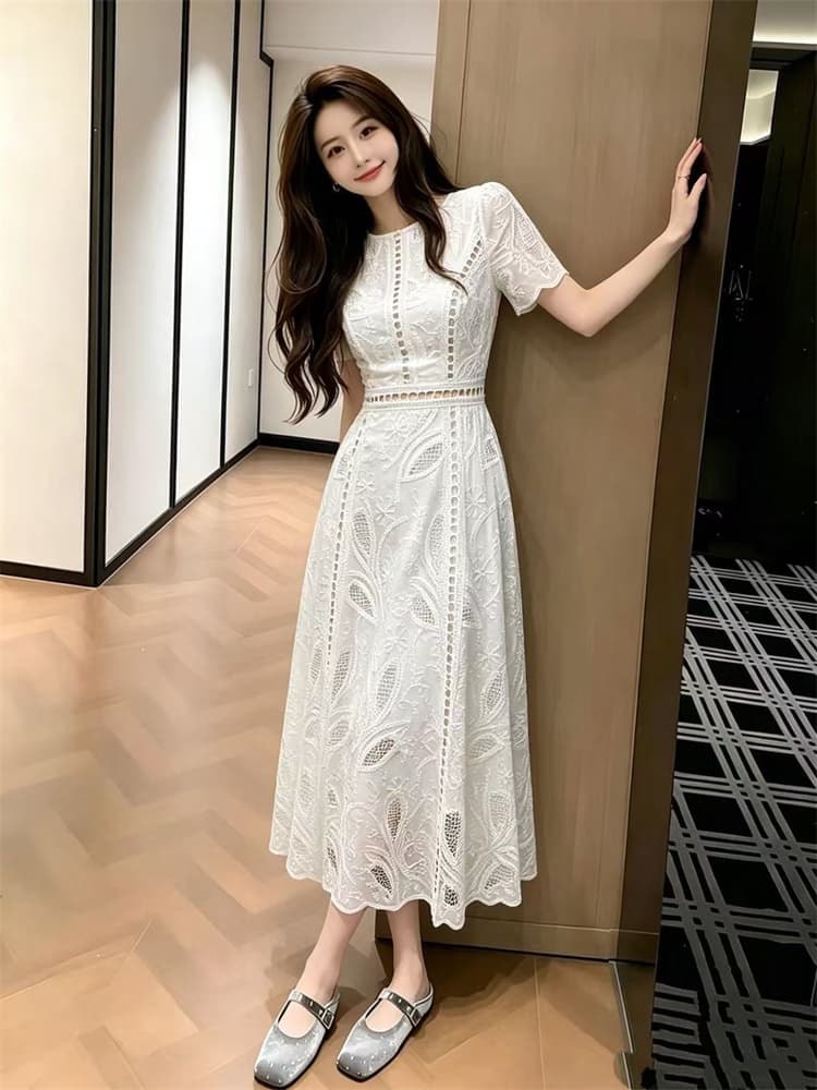 2026 새로운 품격 프랑스식 우아함 반팔 허리 수축 라운드 넥 홀로우 아웃 자수 한 마디 드레스 5711-8 상세 이미지 10