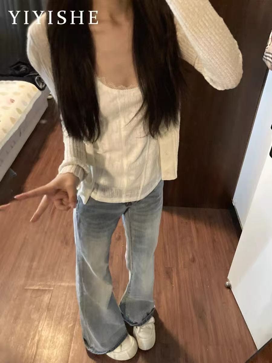 하늘색 로우 웨이스트 부츠컷 청바지 레트로 다용도 얇은 스타일 슬림해 보이는 바닥 청소 바지 이미지 2