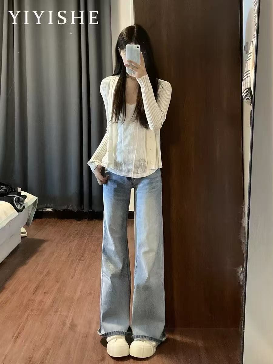 하늘색 로우 웨이스트 부츠컷 청바지 레트로 다용도 얇은 스타일 슬림해 보이는 바닥 청소 바지 상세 이미지 3