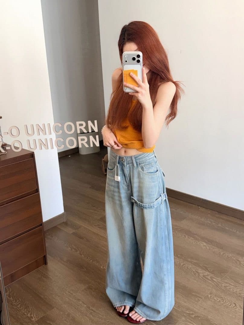 작은 키 아메리칸 디자인 센스 워크웨어 넓은 다리 청바지 여성 새로운 하이웨이스트 다용도 도루 센스 스트레이트 바닥 청소 바지 상세 이미지 2