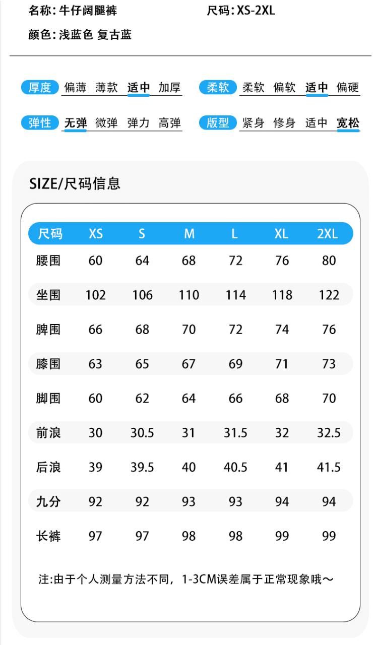 워크웨어 넓은 다리 청바지 여성 2026 여름 새로운 하늘색 워싱 하이웨이스트 기타 주머니 슬림해 보이는 바닥 청소 상세 이미지 1