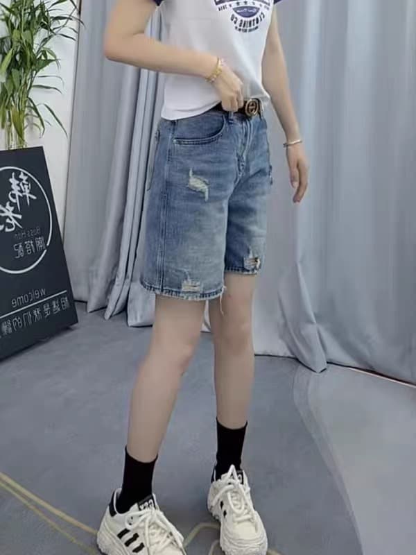 여름 얇은 스타일 레트로 찢어진 없음 폭탄 데님 반바지 빅 사이즈 여성 의류 하이웨이스트 슬림해 보이는 다용도 한 마디 넓은 다리 핫 바지 이미지 3