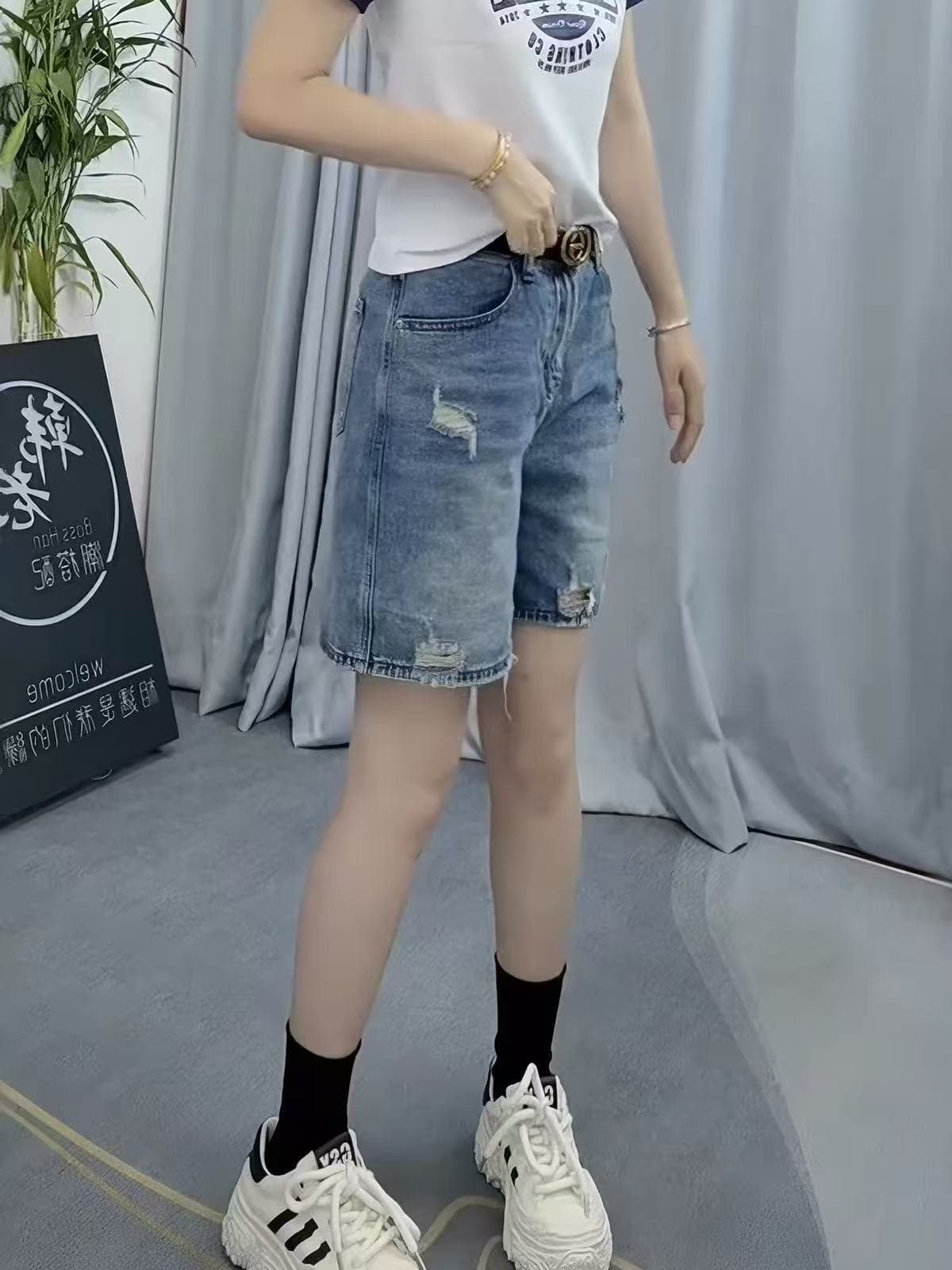 여름 얇은 스타일 레트로 찢어진 없음 폭탄 데님 반바지 빅 사이즈 여성 의류 하이웨이스트 슬림해 보이는 다용도 한 마디 넓은 다리 핫 바지 상세 이미지 5
