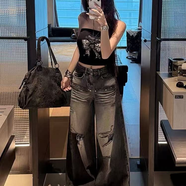 새로운 루즈핏 슬림해 보이는 외국 가스 도루 센스 와이드 레그 팬츠 찢어진 부분 바닥 청소 바지 이미지 3