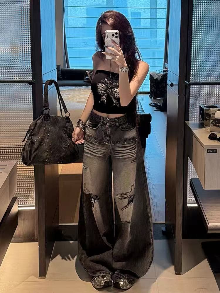 새로운 루즈핏 슬림해 보이는 외국 가스 도루 센스 와이드 레그 팬츠 찢어진 부분 바닥 청소 바지 상세 이미지 5