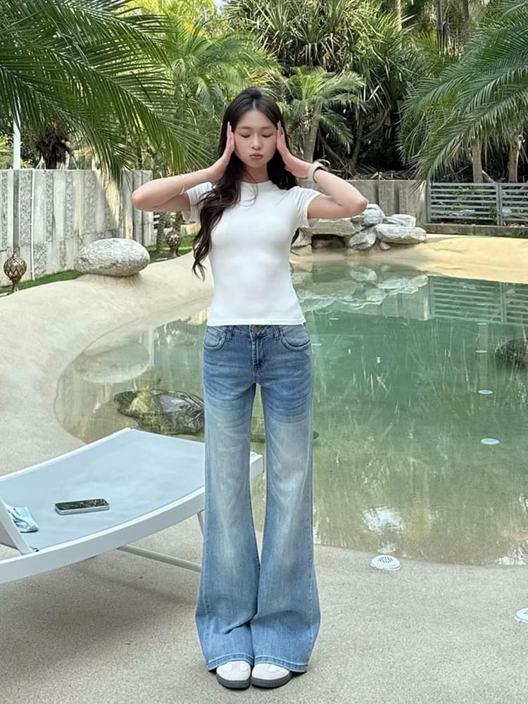 아메리칸 레트로 부츠컷 청바지 여성 얼음 블루 2026 여름 얇은 스타일 다용도 몸매 가꾸기 슬림해 보이는 나팔 바지 상세 이미지 4