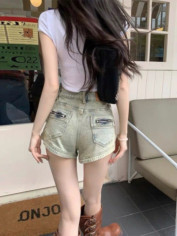 레트로 핫걸 데님 반바지 여성 배 모양 몸 하이웨이스트 슬림해 보이는 디자인 센스 한 마디 타이트 스커트 핫 바지