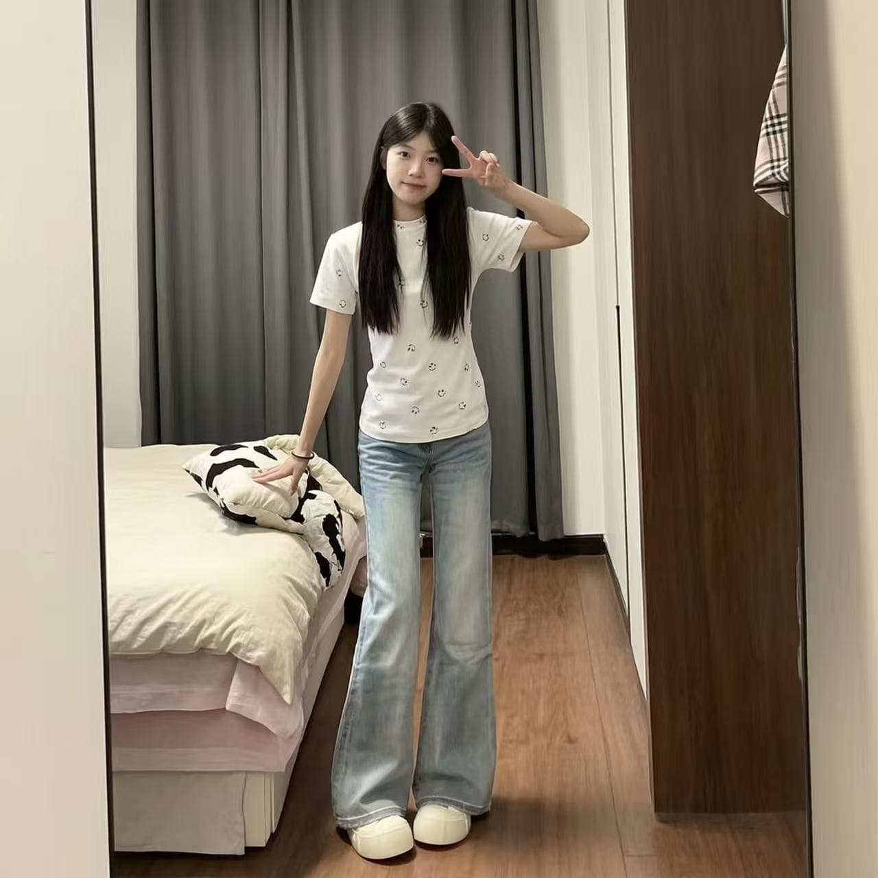 하늘색 청바지 여성 루즈핏 도루 센스 배 종류 슬림해 보이는 바닥 청소 나팔 바지 상세 이미지 7