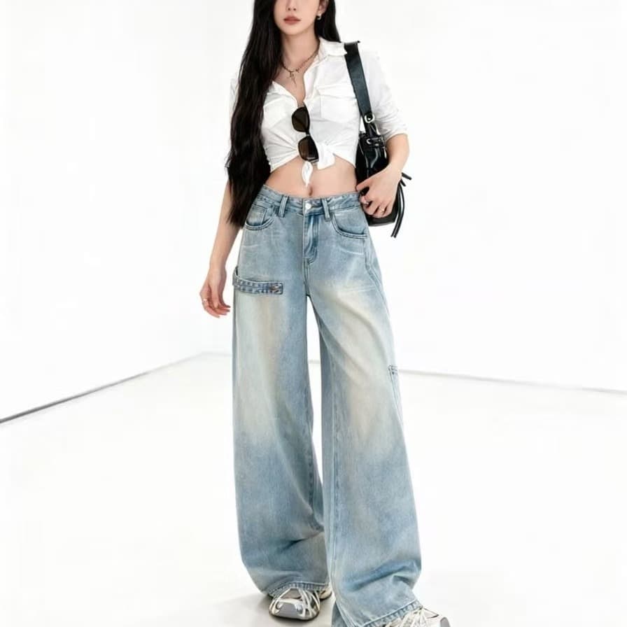 아메리칸 워크웨어 모통이 칼 청바지 여성 하이웨이스트 루즈핏 다용도 넓은 다리 바닥 청소 바지 이미지 2