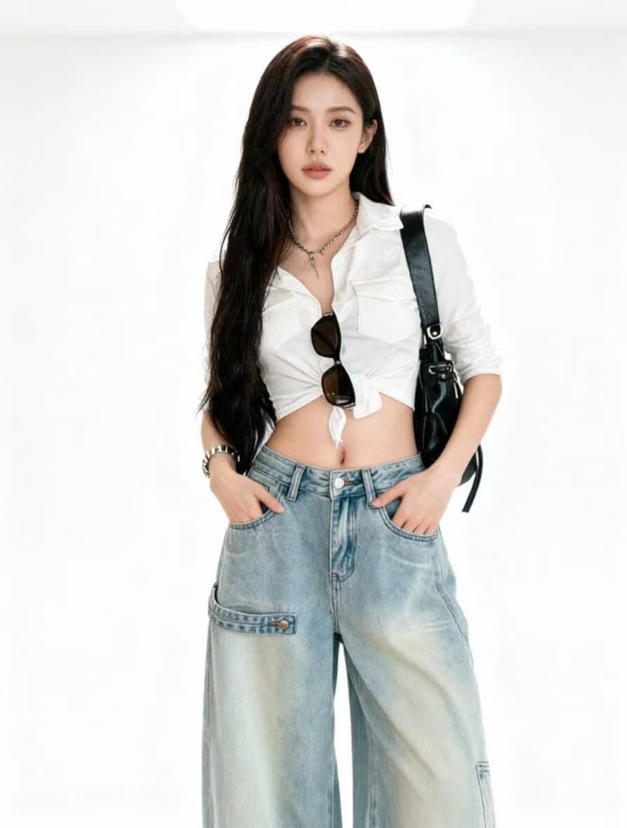 아메리칸 워크웨어 모통이 칼 청바지 여성 하이웨이스트 루즈핏 다용도 넓은 다리 바닥 청소 바지 상세 이미지 7