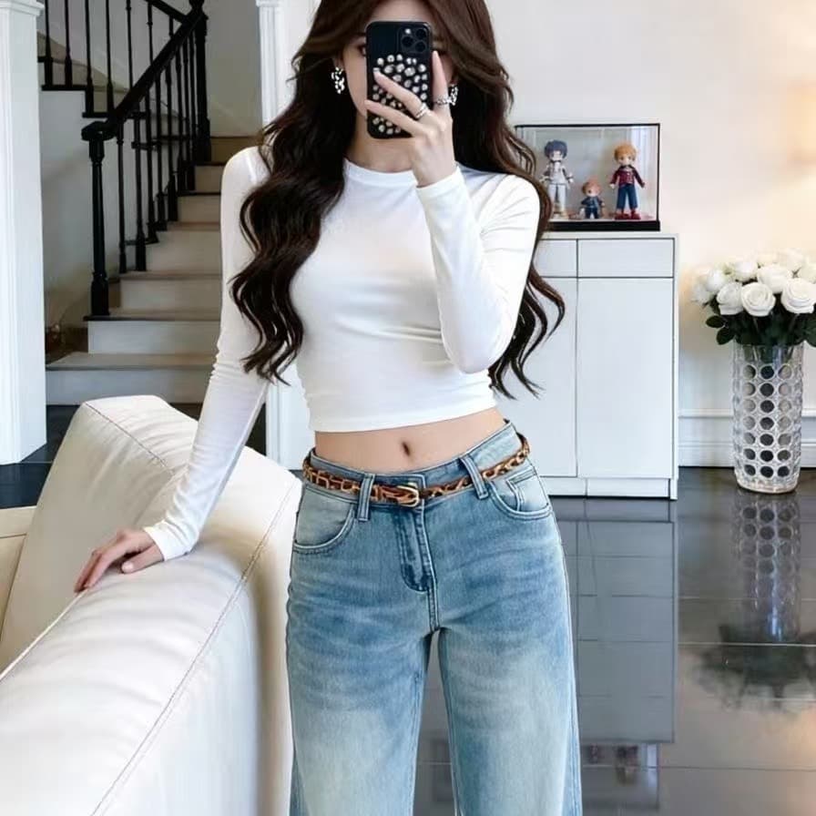 하늘색 새로운 부츠컷 핫걸 청바지 나팔 바지 로우 웨이스트 슬림해 보이는 바닥 청소 긴 바지 이미지 4