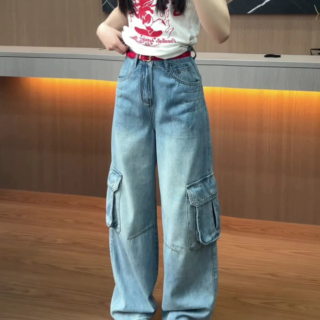 파란색 워크웨어 바람 기타 주머니 넓은 다리 청바지 여성 2026 봄 새로운 작은 키 하이웨이스트 슬림해 보이는 스트레이트 팬츠 이미지 2