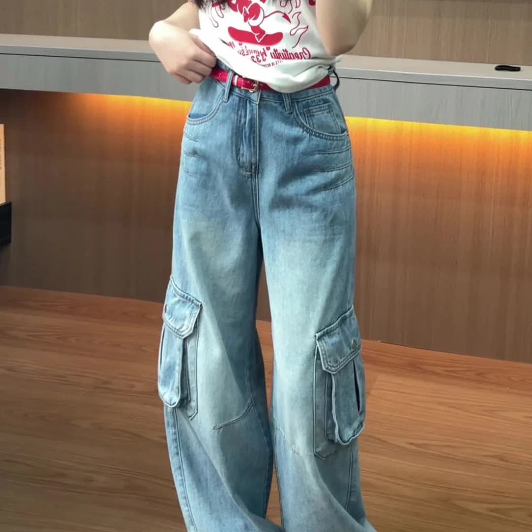파란색 워크웨어 바람 기타 주머니 넓은 다리 청바지 여성 2026 봄 새로운 작은 키 하이웨이스트 슬림해 보이는 스트레이트 팬츠 이미지 3