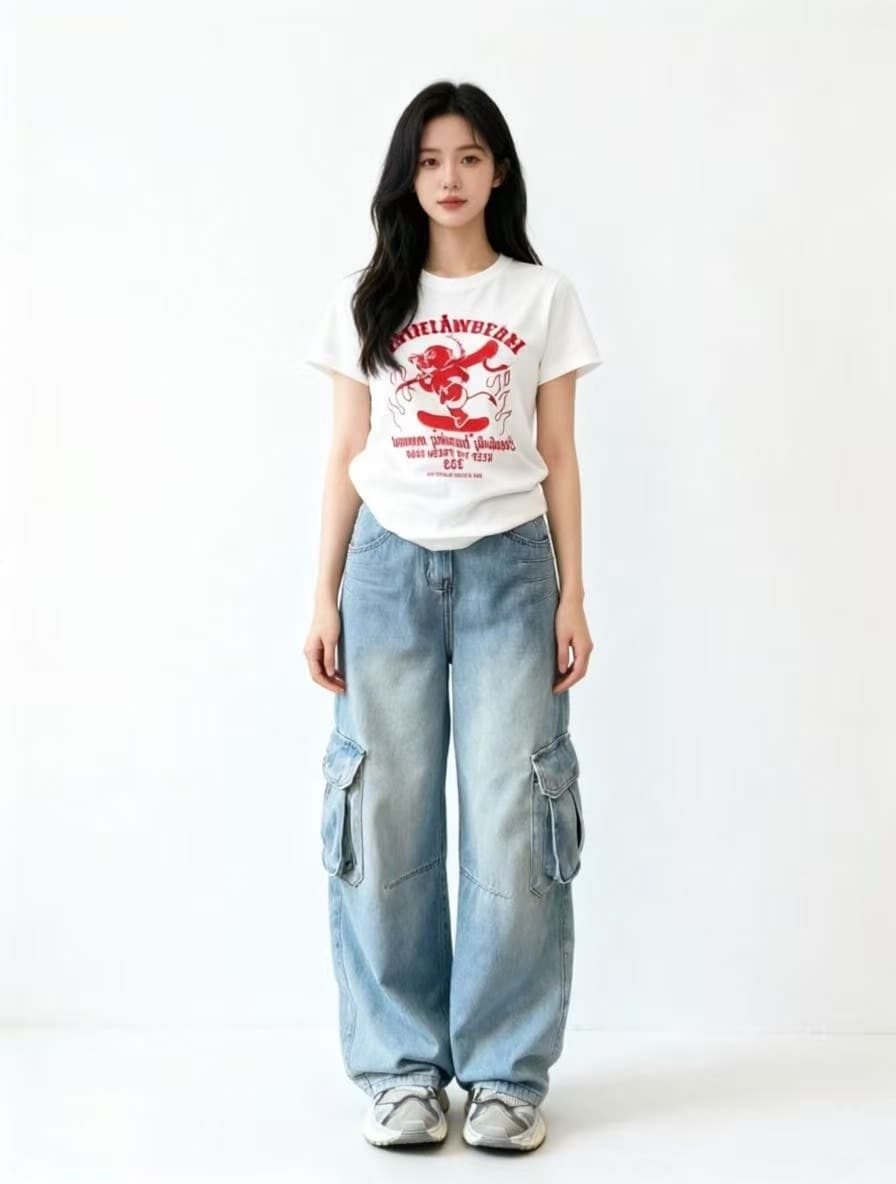 파란색 워크웨어 바람 기타 주머니 넓은 다리 청바지 여성 2026 봄 새로운 작은 키 하이웨이스트 슬림해 보이는 스트레이트 팬츠
