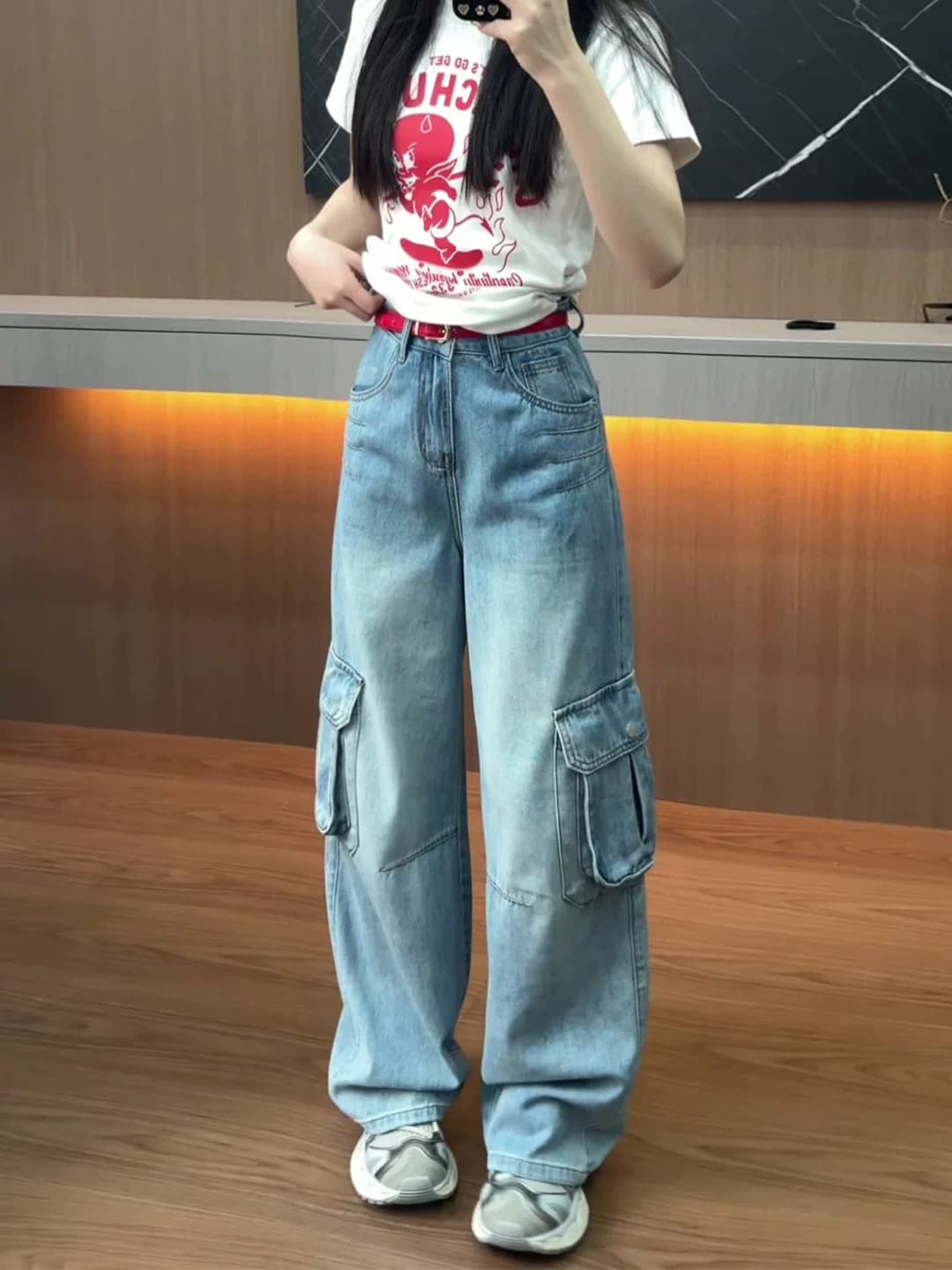 파란색 워크웨어 바람 기타 주머니 넓은 다리 청바지 여성 2026 봄 새로운 작은 키 하이웨이스트 슬림해 보이는 스트레이트 팬츠 상세 이미지 3