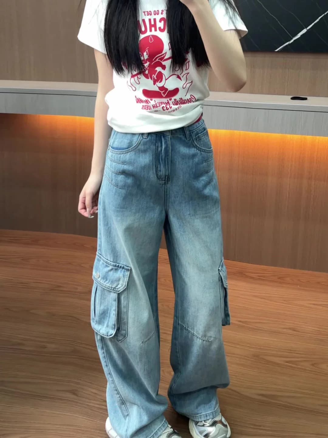 파란색 워크웨어 바람 기타 주머니 넓은 다리 청바지 여성 2026 봄 새로운 작은 키 하이웨이스트 슬림해 보이는 스트레이트 팬츠 상세 이미지 5