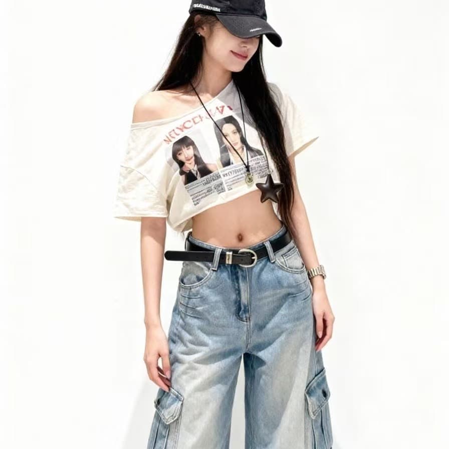 아메리칸 레트로 기타 주머니 넓은 다리 청바지 여성 워싱 작은 키 하이웨이스트 슬림해 보이는 와이드 레그 팬츠 바닥 청소 롱 바지 이미지 5