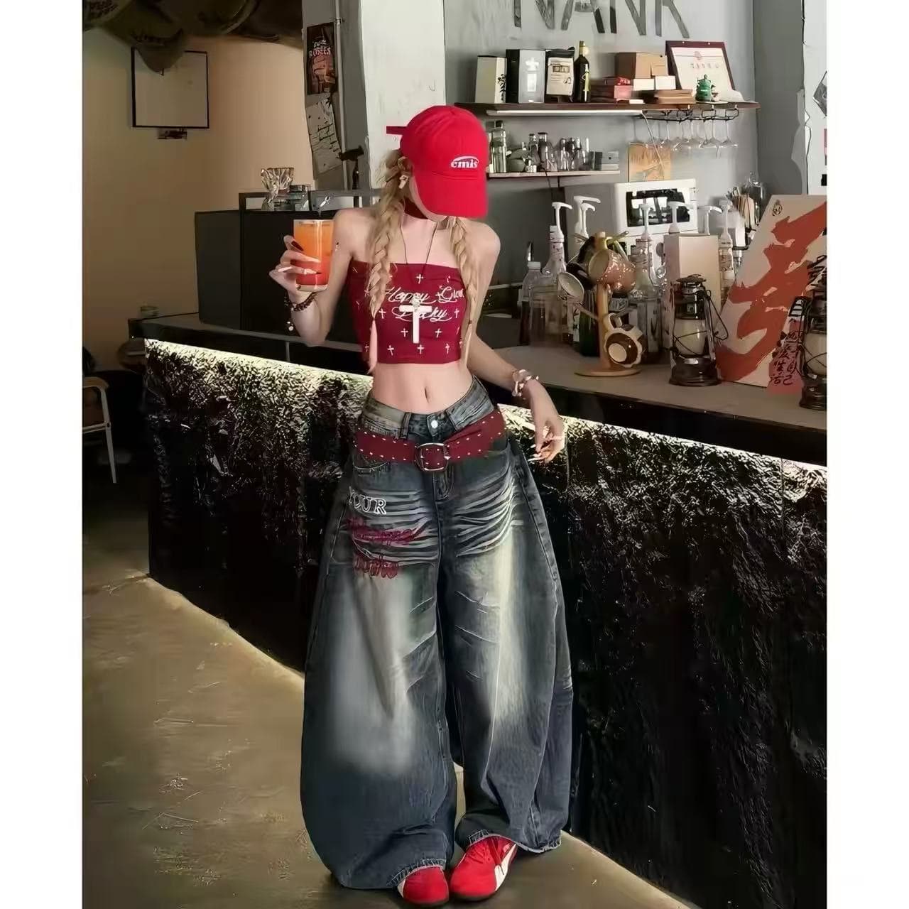 아메리칸 자수 모통이 칼 와이드 레그 팬츠 청바지 상세 이미지 2