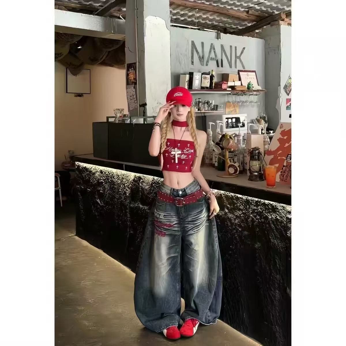아메리칸 자수 모통이 칼 와이드 레그 팬츠 청바지 상세 이미지 3