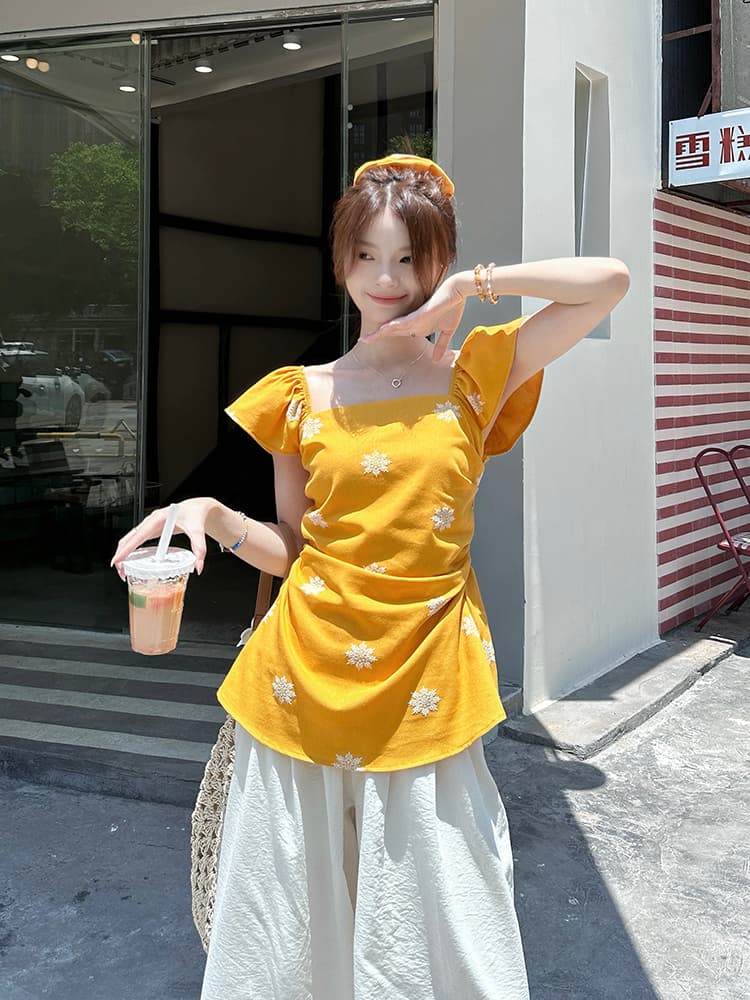 실사 정가 부드러운 바람 여름 새로운 세트 자수 작은 Feifei 소매 허리 수축 작은 셔츠 하이웨이스트 넓은 다리 캐주얼 바지 상세 이미지 6