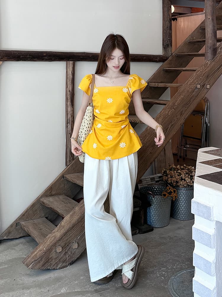 실사 정가 부드러운 바람 여름 새로운 세트 자수 작은 Feifei 소매 허리 수축 작은 셔츠 하이웨이스트 넓은 다리 캐주얼 바지 상세 이미지 21