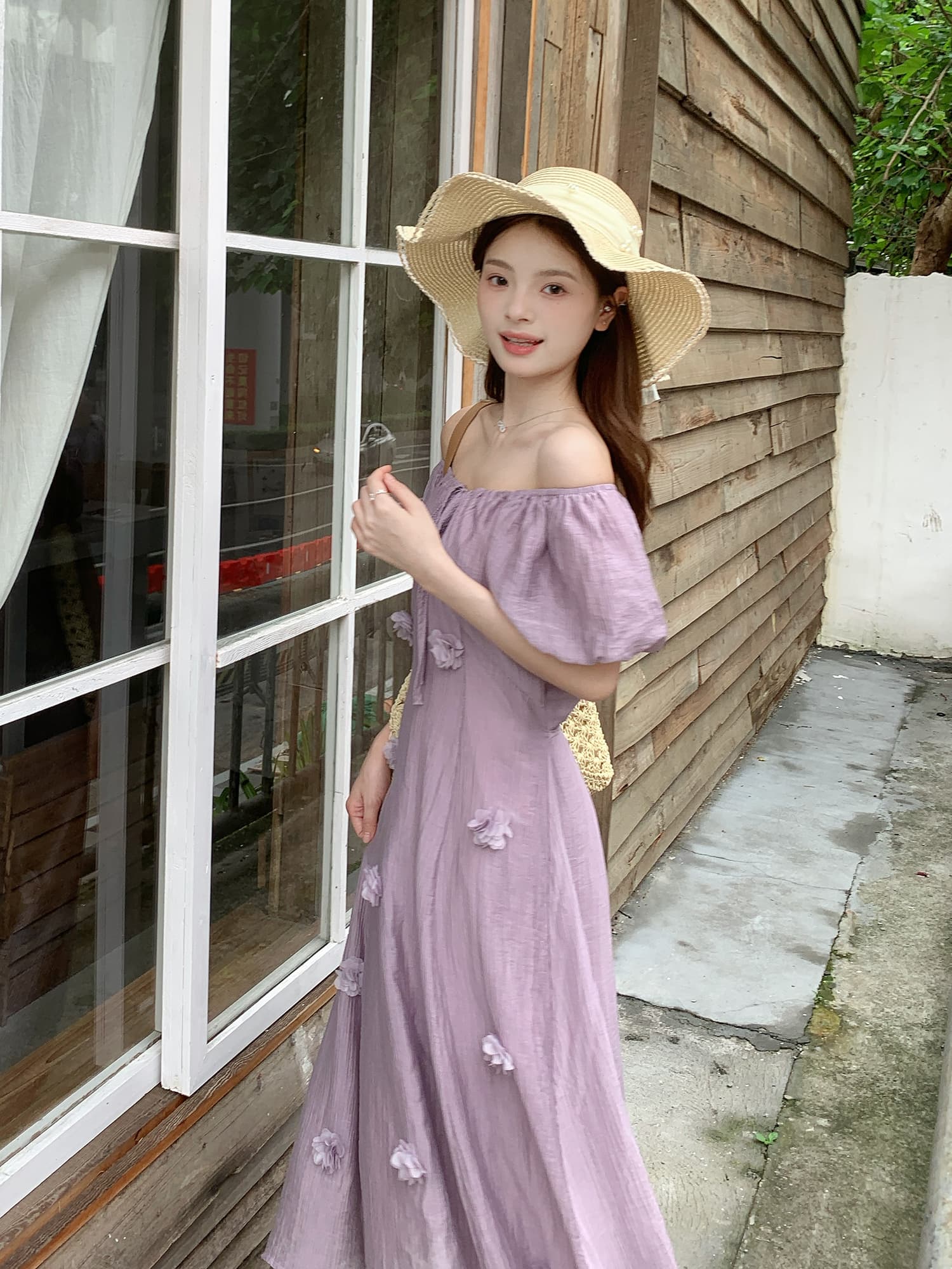 실사 정가 부드러운 바람 여름 새로운 드레스 디자인 센스 3 차원 꽃 거품 소매 레이스업 허리 수축 롱 스커트