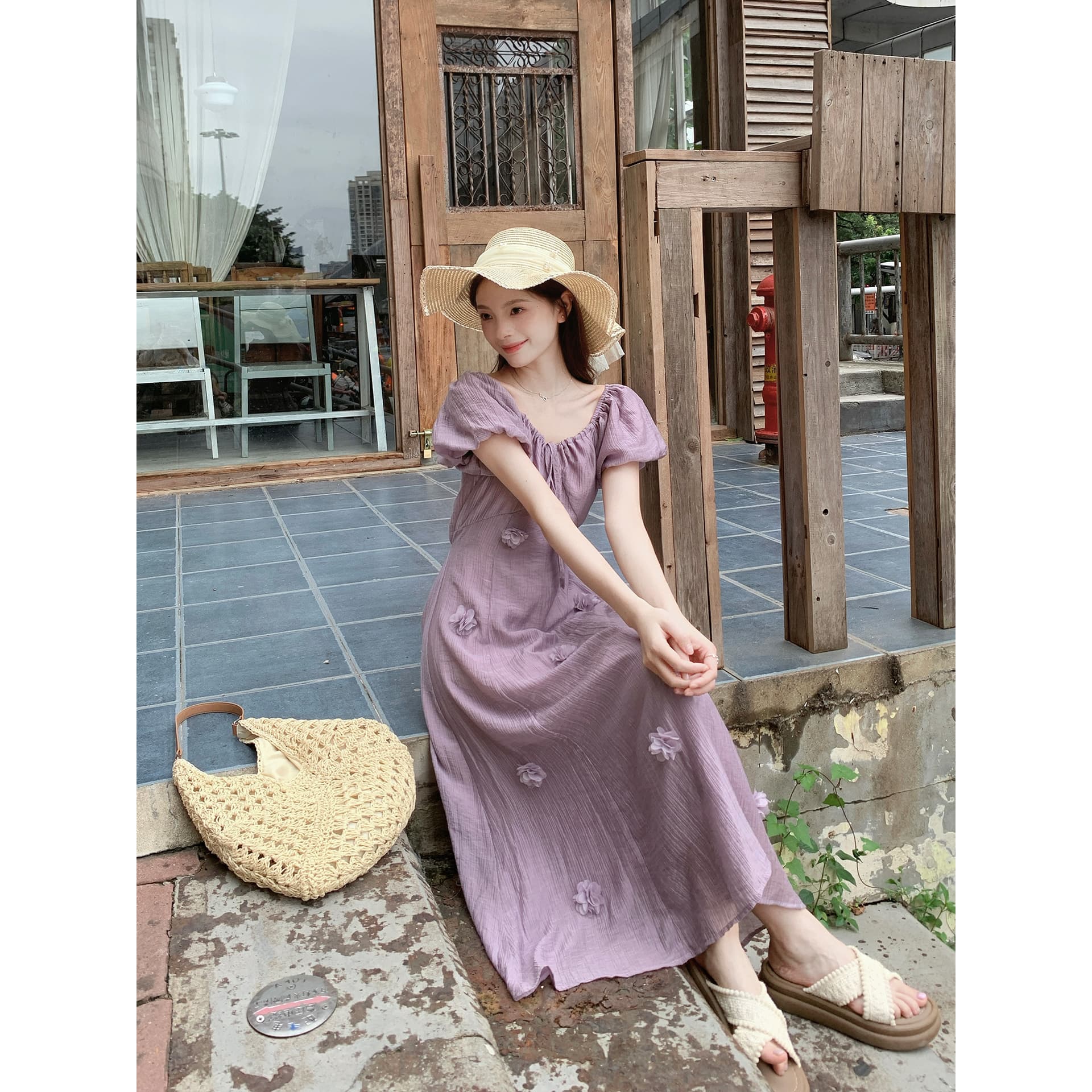 실사 정가 부드러운 바람 여름 새로운 드레스 디자인 센스 3 차원 꽃 거품 소매 레이스업 허리 수축 롱 스커트 이미지 5
