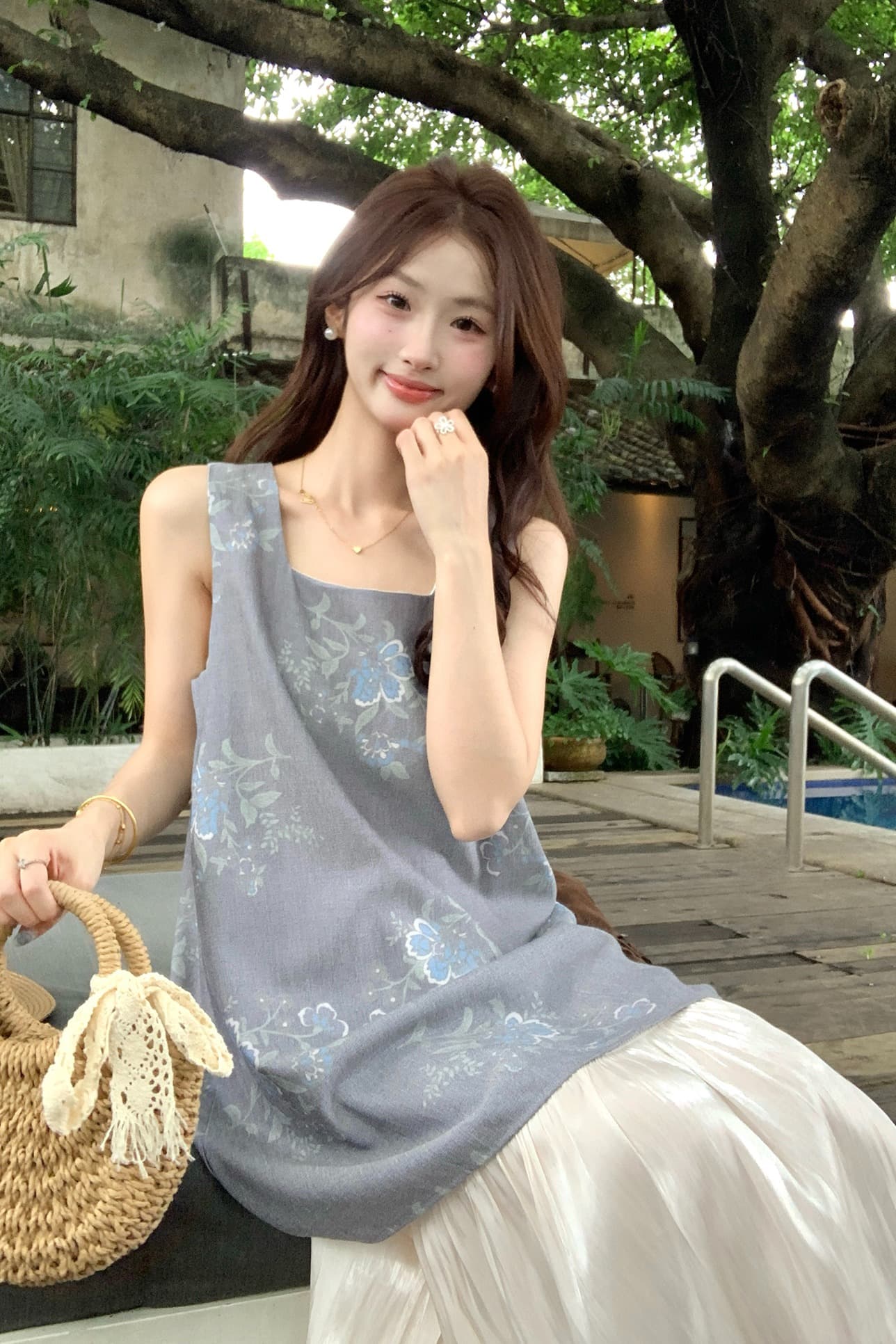 실사 정가 부드러운 바람 여름 새로운 드레스 디자인 센스 Chic 새틴 프린트 패치워크 민소매 조끼 스커트 이미지 6