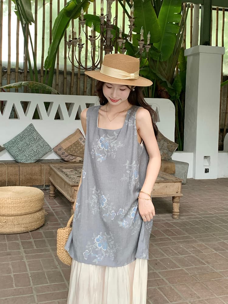 실사 정가 부드러운 바람 여름 새로운 드레스 디자인 센스 Chic 새틴 프린트 패치워크 민소매 조끼 스커트 상세 이미지 8