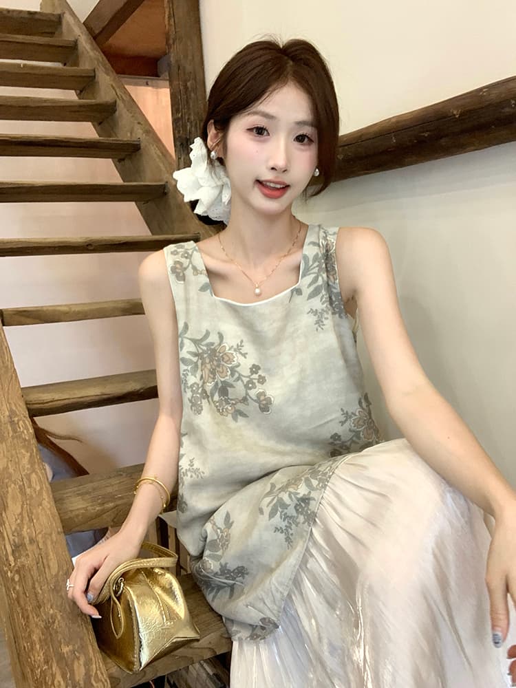 실사 정가 부드러운 바람 여름 새로운 드레스 디자인 센스 Chic 새틴 프린트 패치워크 민소매 조끼 스커트 상세 이미지 12