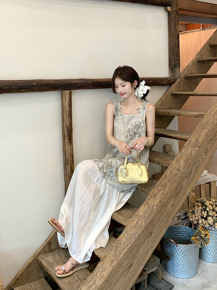 실사 정가 부드러운 바람 여름 새로운 드레스 디자인 센스 Chic 새틴 프린트 패치워크 민소매 조끼 스커트 상세 이미지 13