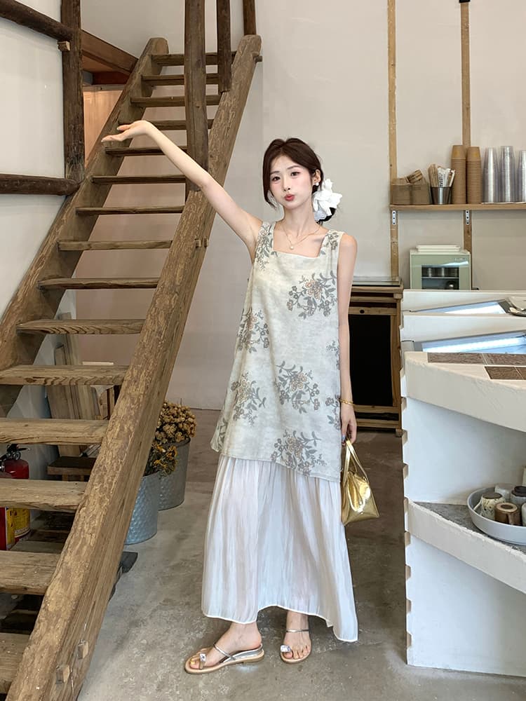 실사 정가 부드러운 바람 여름 새로운 드레스 디자인 센스 Chic 새틴 프린트 패치워크 민소매 조끼 스커트 상세 이미지 15