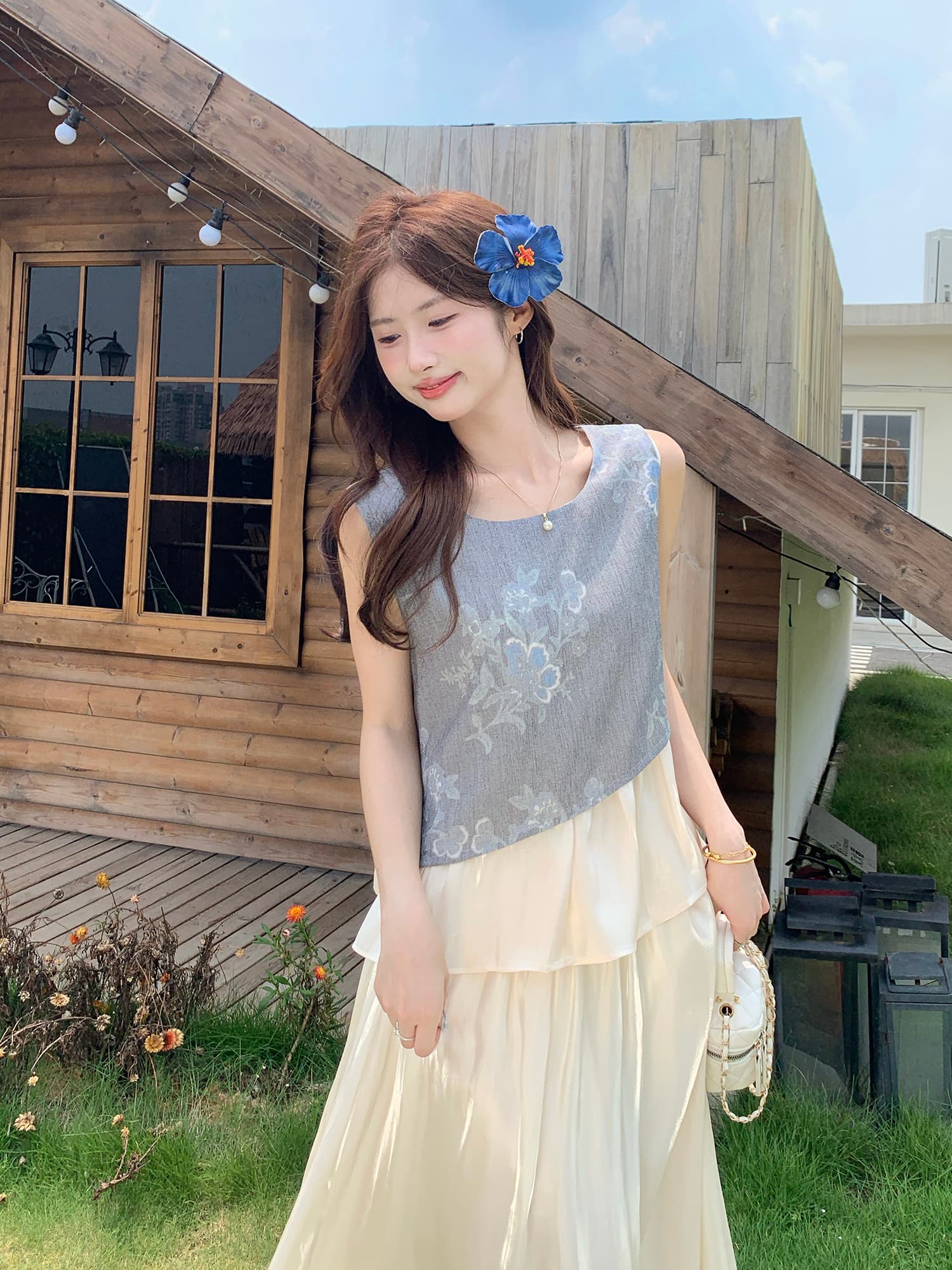 실사 정가 여름 새로운 디자인 센스 중식 새틴 불규칙 배색 조끼 맨위 다용도 반신 거즈 스커트 이미지 2