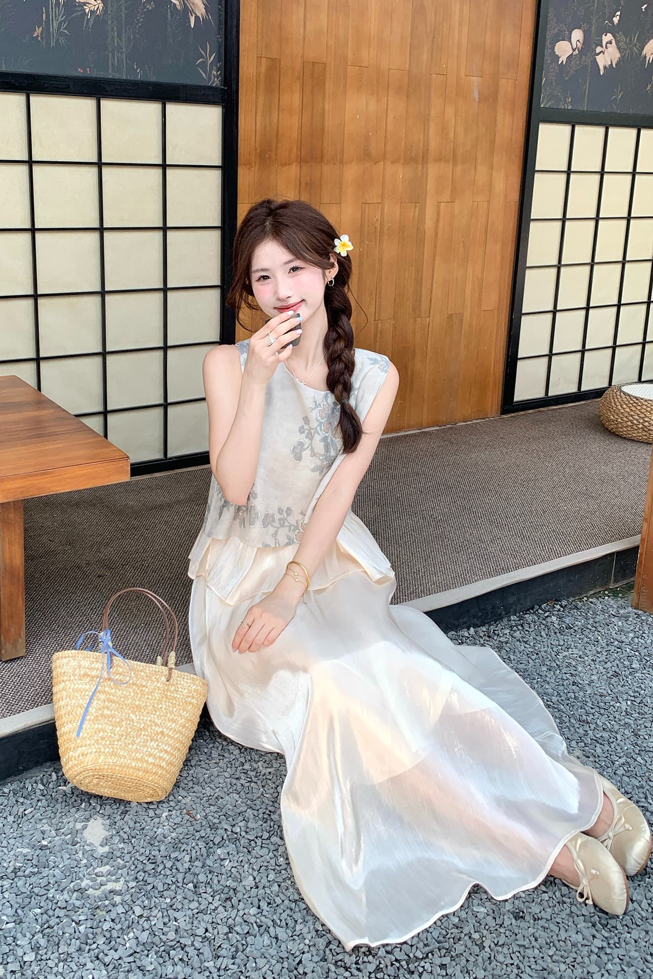 실사 정가 여름 새로운 디자인 센스 중식 새틴 불규칙 배색 조끼 맨위 다용도 반신 거즈 스커트 이미지 6