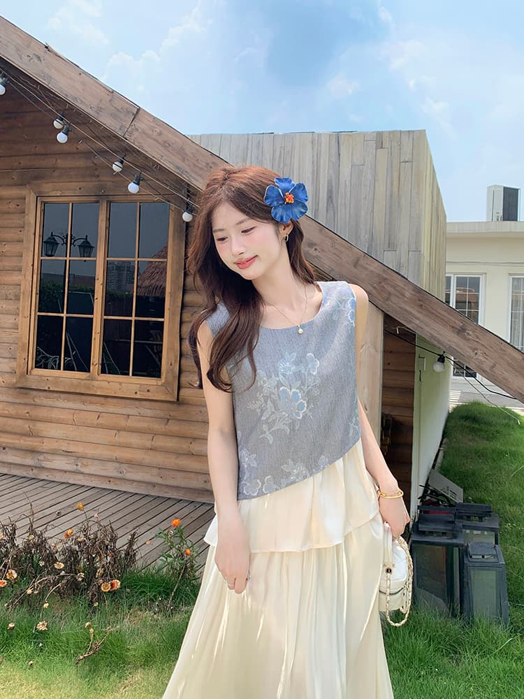 실사 정가 여름 새로운 디자인 센스 중식 새틴 불규칙 배색 조끼 맨위 다용도 반신 거즈 스커트 상세 이미지 14