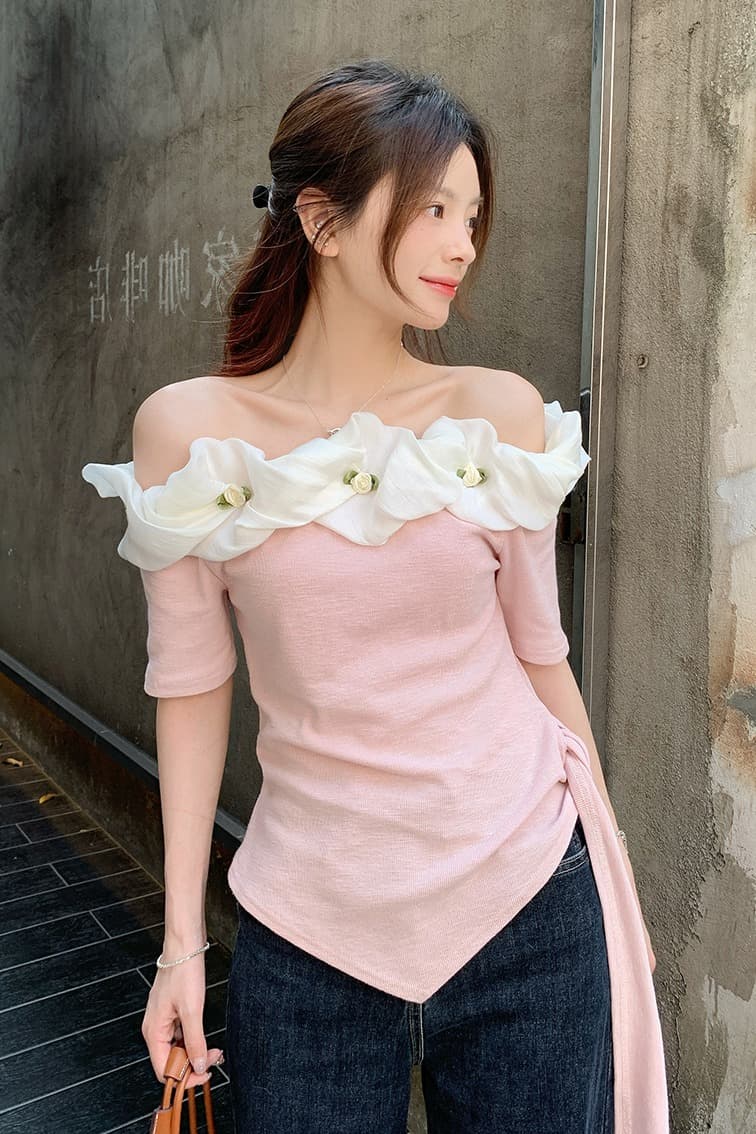실사 정가 부드러운 바람 여름 새로운 맨위 디자인 센스 꽃 보트넥 Chic 슬림해 보이는 불규칙 티셔츠 이미지 6