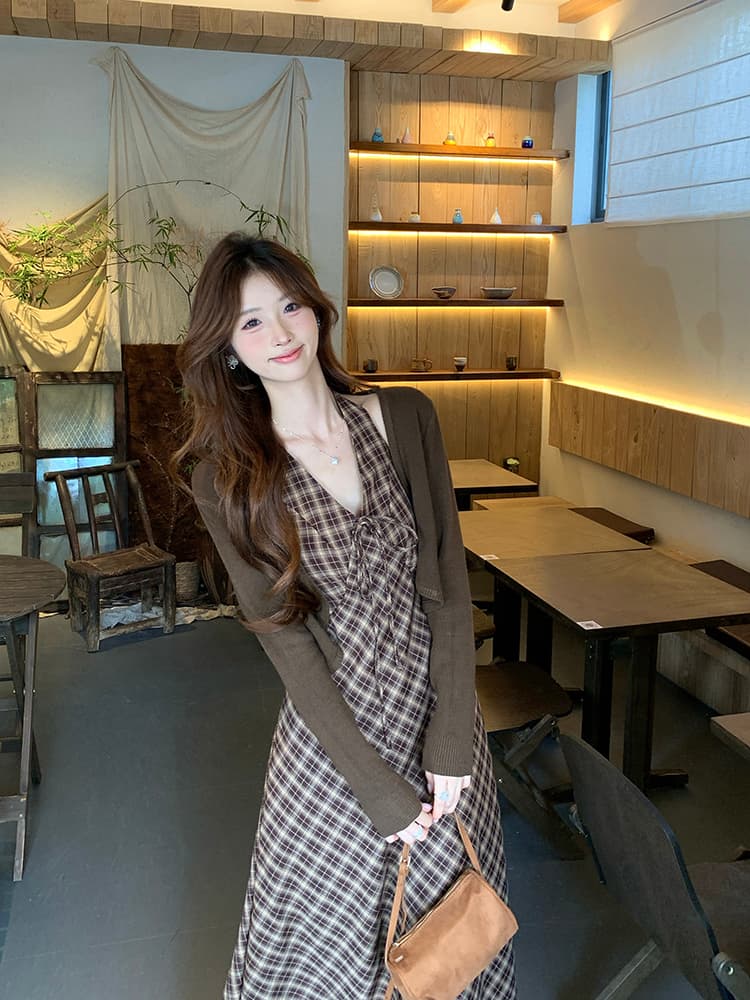 실사 정가 부드러운 바람 봄 새로운 드레스 디자인 센스 Chic 체크무늬 행침 목 슬립 드레스 다용도 오픈 가디건 상세 이미지 8