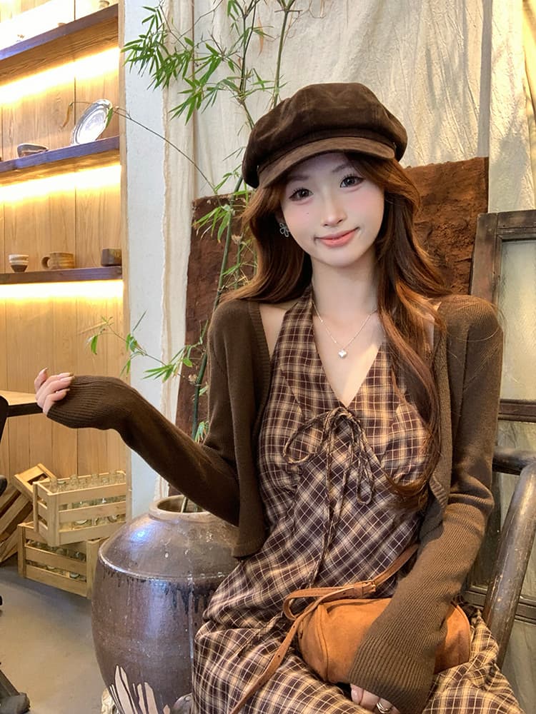 실사 정가 부드러운 바람 봄 새로운 드레스 디자인 센스 Chic 체크무늬 행침 목 슬립 드레스 다용도 오픈 가디건 상세 이미지 13